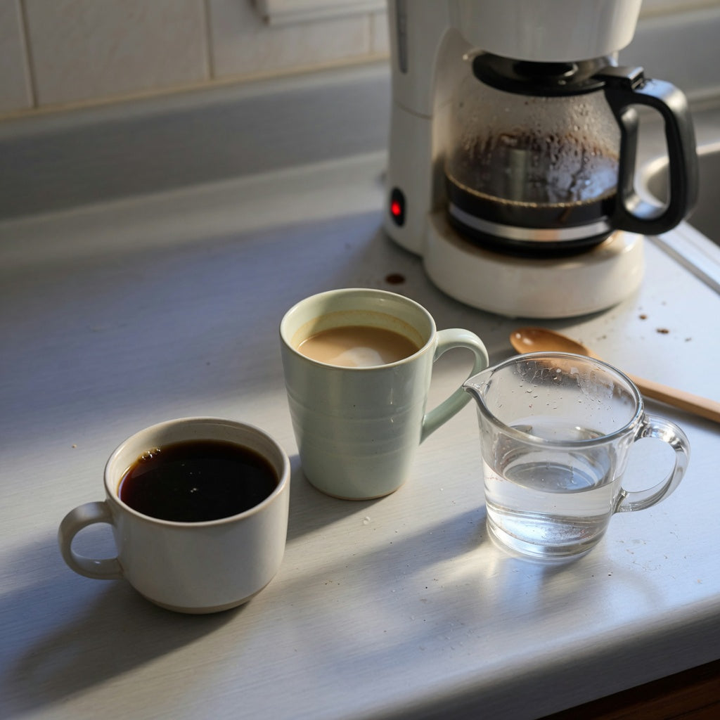 Everyday coffee mug size comparison of a short wide mug and a taller mug beside a measuring cup
