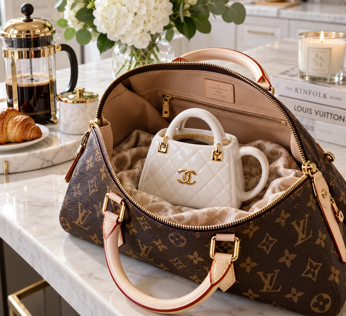 fancy handbag coffee mug gift displayed with an open handbag for a stylish presentation