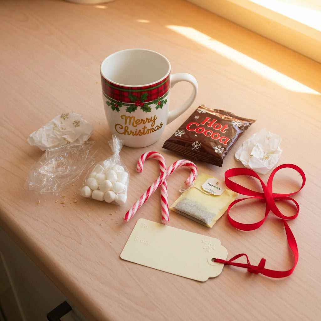 Filled christmas mug gift ideas laid out with a festive mug, sealed cocoa, marshmallows, and cellophane on a kitchen counter