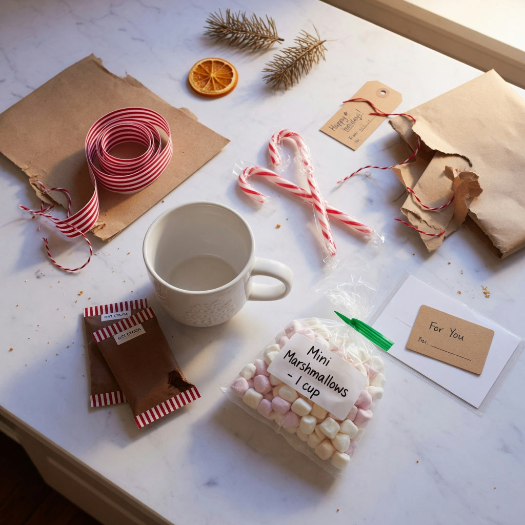 DIY filled Christmas mug gifts with sealed cocoa packets, candy canes, marshmallows, a gift card, and ribbon