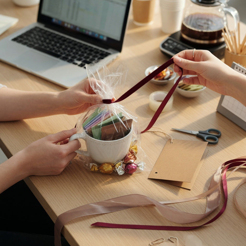 Hands assembling filled mug gift ideas for coworkers with sealed tea, cocoa, wrapped candy, and a kraft card on an office desk