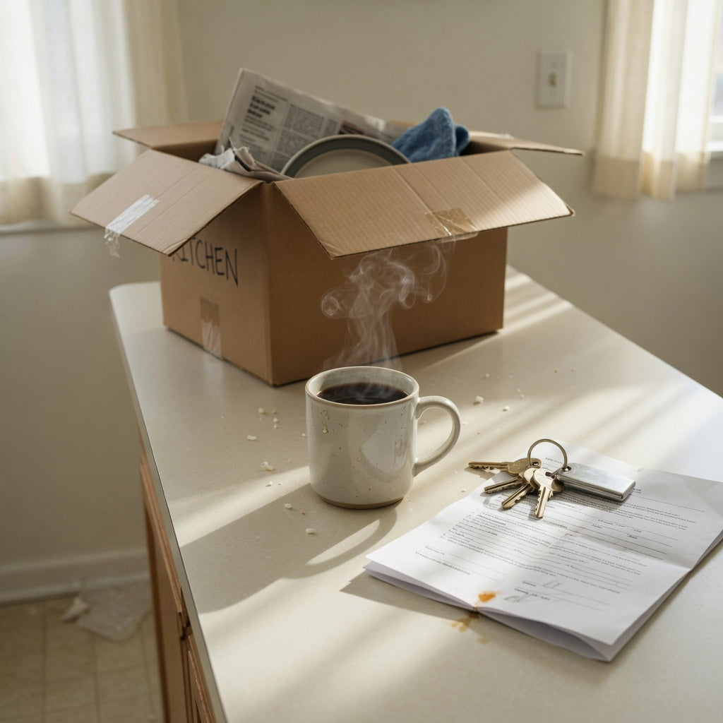 First apartment coffee mug gift steaming on a new kitchen counter beside house keys and a moving box