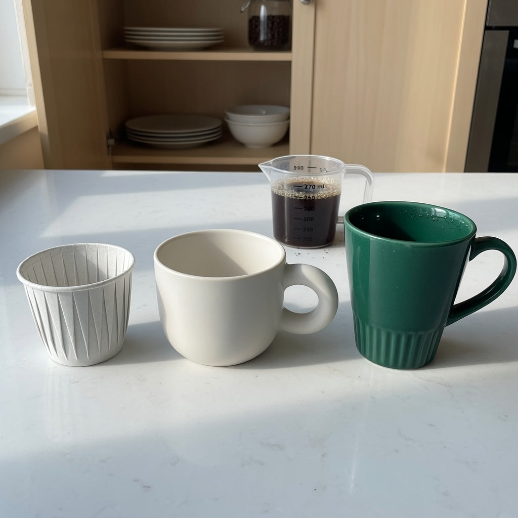 Three-cup comparison for the flat white cup first time buyer product shortlist guide: Pleated 200 ml, Ball Handle 250 ml, and Emerald 270 ml.