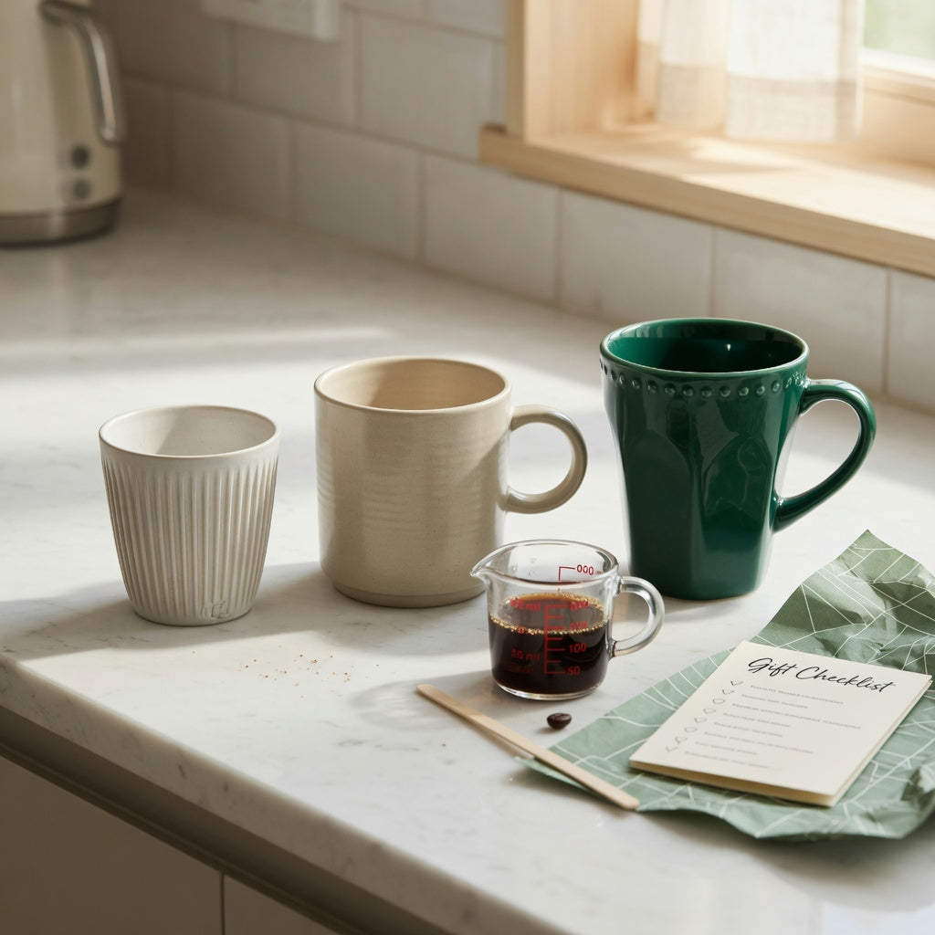 Flat white cup gift choice practical purchase checklist comparing 200 ml, 250 ml and 270 ml cup options on a kitchen counter