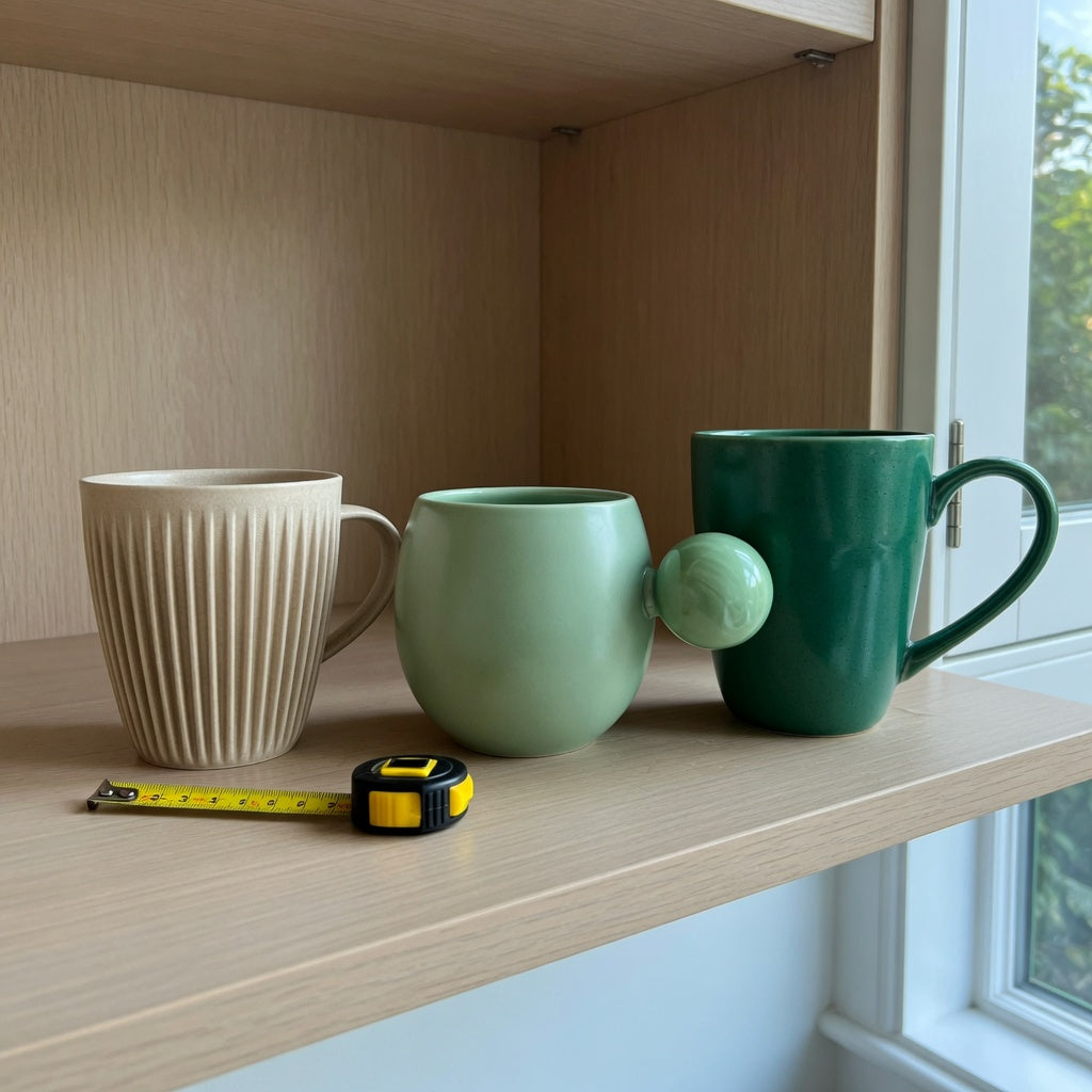Flat white cup storage fit guide showing Pleated 200 ml, Ball Handle 250 ml, and Emerald 270 ml cups side by side on a cabinet shelf