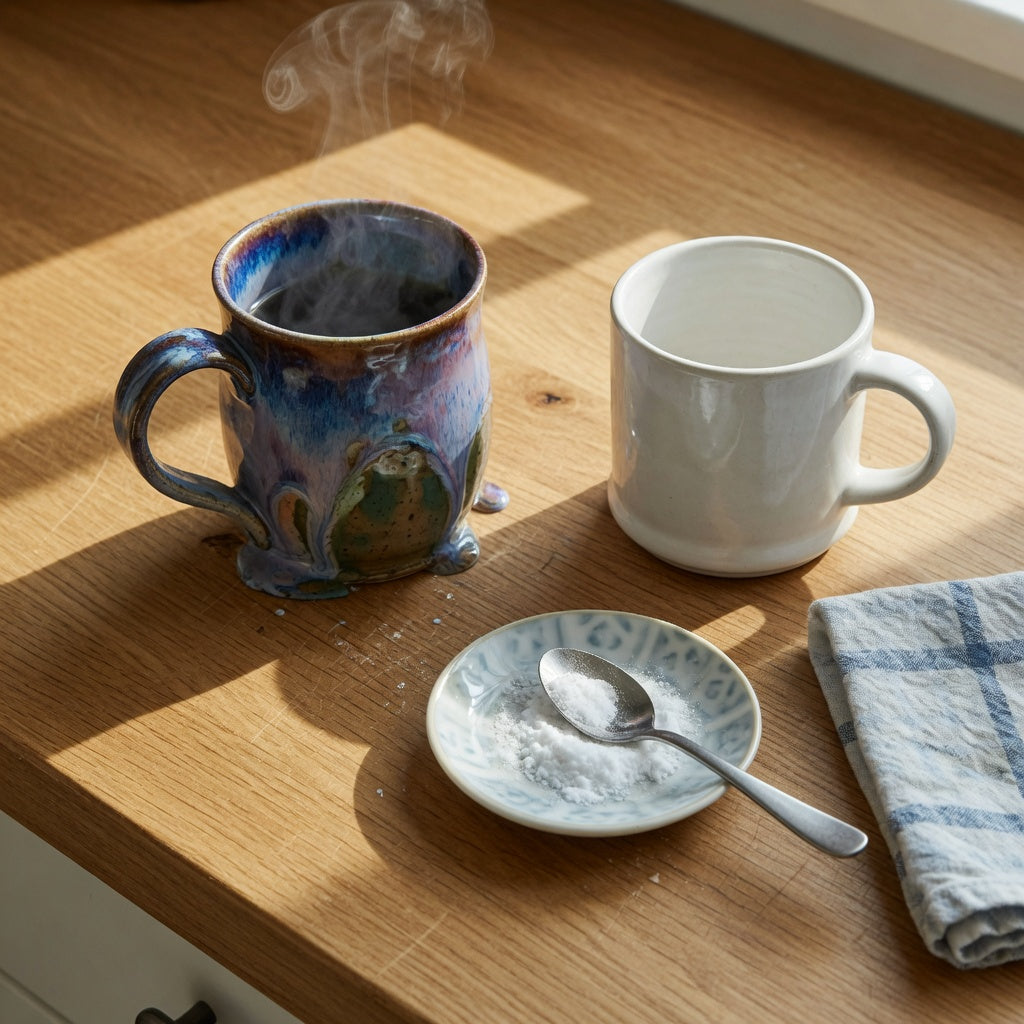 Flow mug vs ceramic mug comparison: a flow mug with a pooled semi-matte glaze and elongated handle beside a glossy everyday ceramic mug on a wooden counter