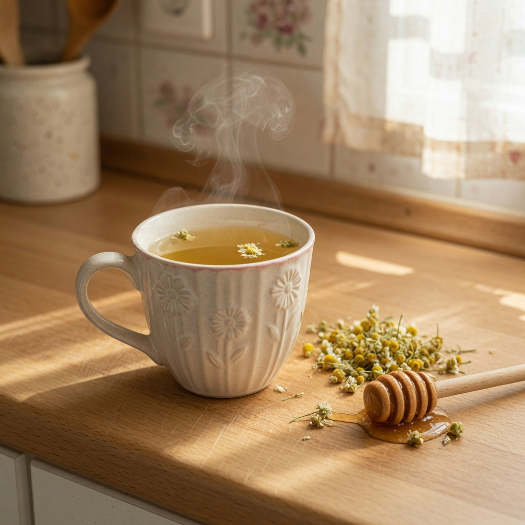 Pleated ceramic flower tea mug filled with chamomile tea on a sunlit kitchen counter beside loose chamomile flowers.
