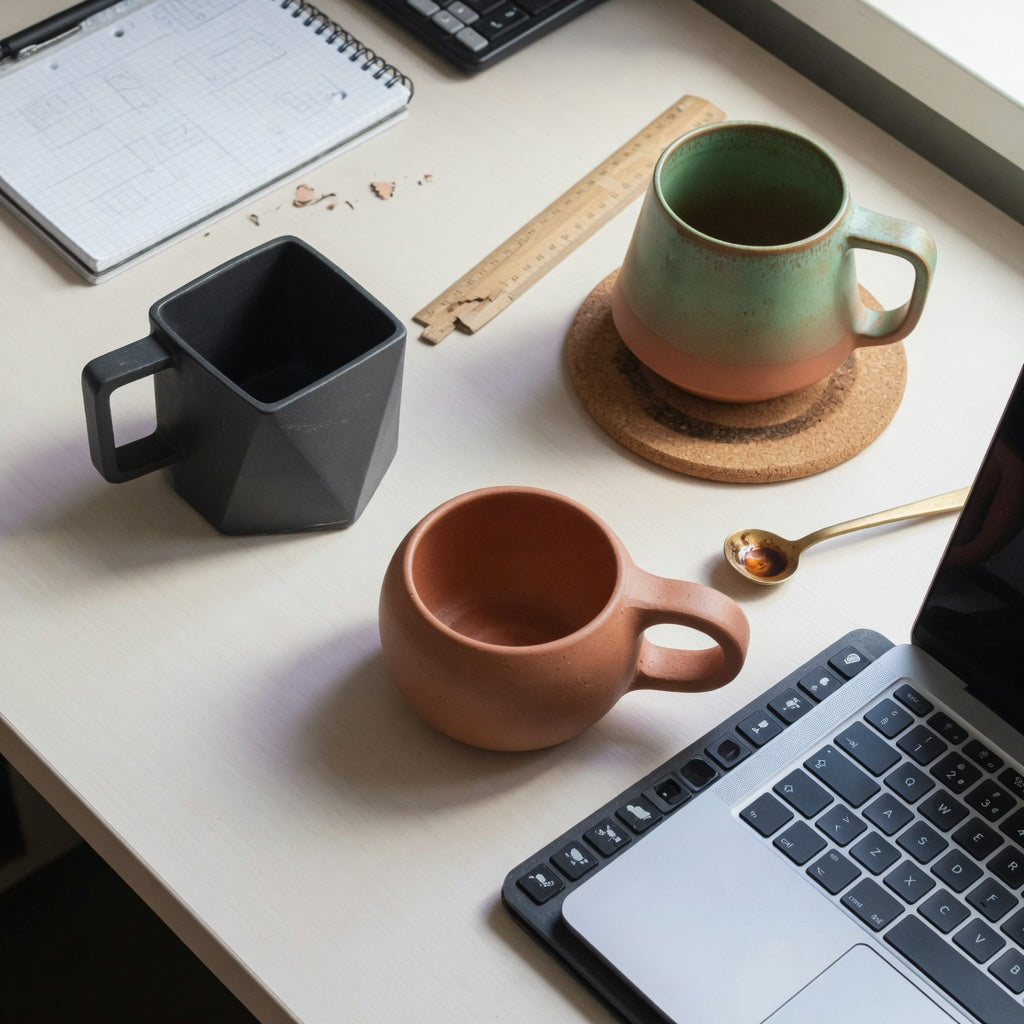 Desk layout with a geometric coffee mug for desk use beside a laptop, notebook, ruler, and coaster