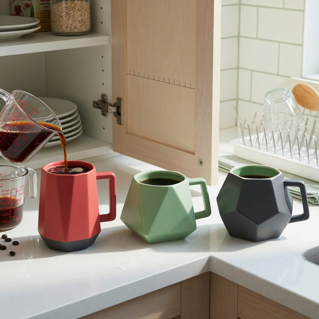 geometric coffee mug everyday mug rotation practical purchase checklist with three mugs beside an open cabinet, measuring cup, and drying rack