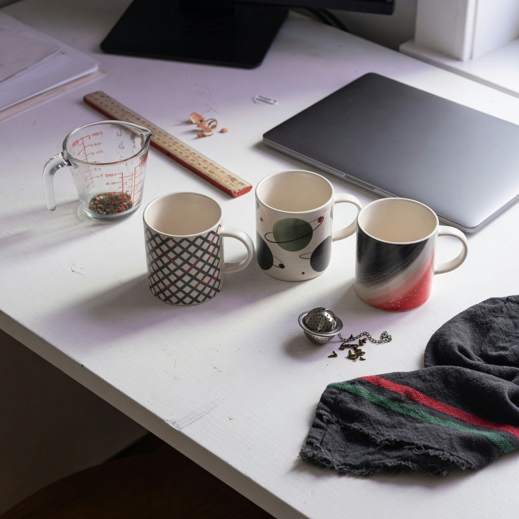 geometric coffee mug gift choice practical purchase checklist with Rhombus, Planet, and Gradient ceramic mugs beside a measuring cup