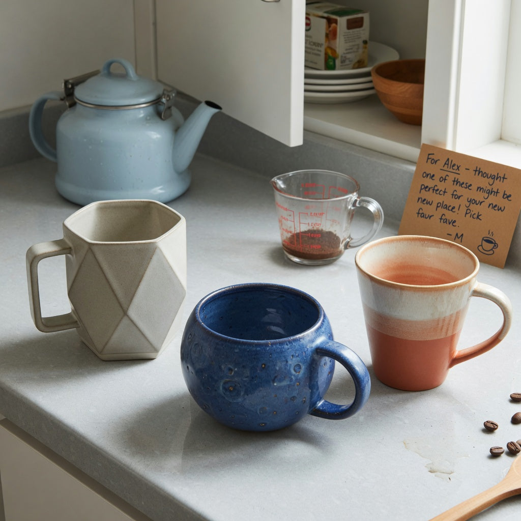 Rhombus, Planet, and Gradient ceramic mugs arranged for a geometric coffee mug gift choice product shortlist guide