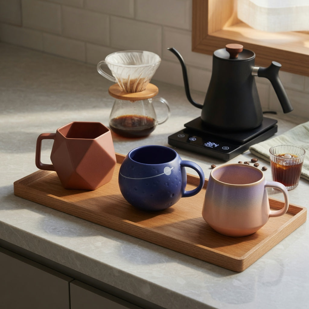 Geometric coffee mug home coffee station practical purchase checklist with rhombus, planet, and gradient coffee mugs beside a compact brewing setup