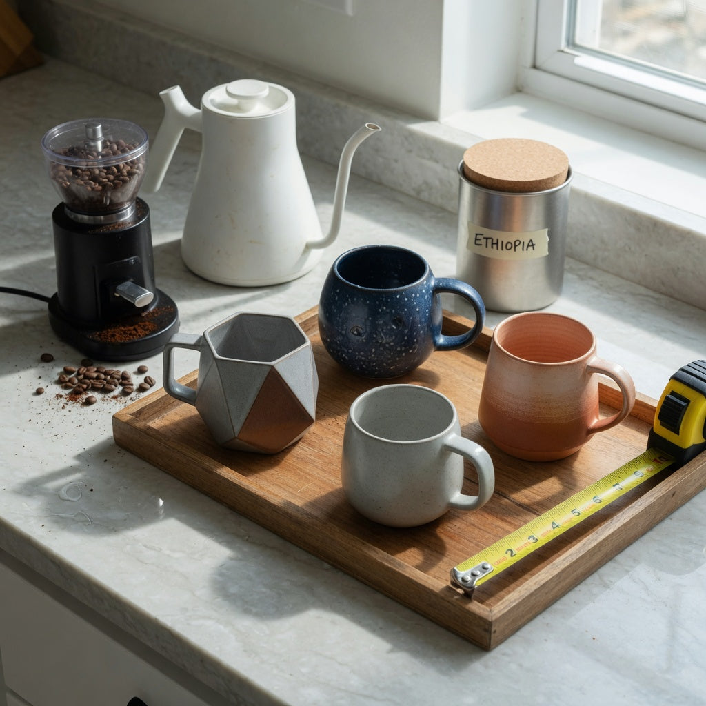 Geometric coffee mug home coffee station product shortlist guide with Rhombus, Planet and Gradient ceramic mugs measured on a kitchen counter