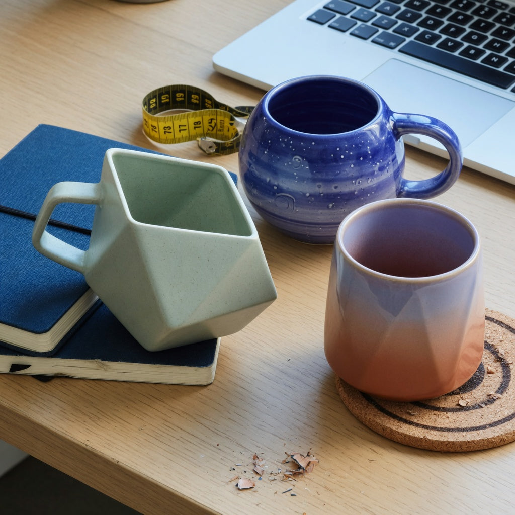 Geometric coffee mug home office practical purchase checklist with three ceramic mug forms beside a laptop, coaster, and notebook