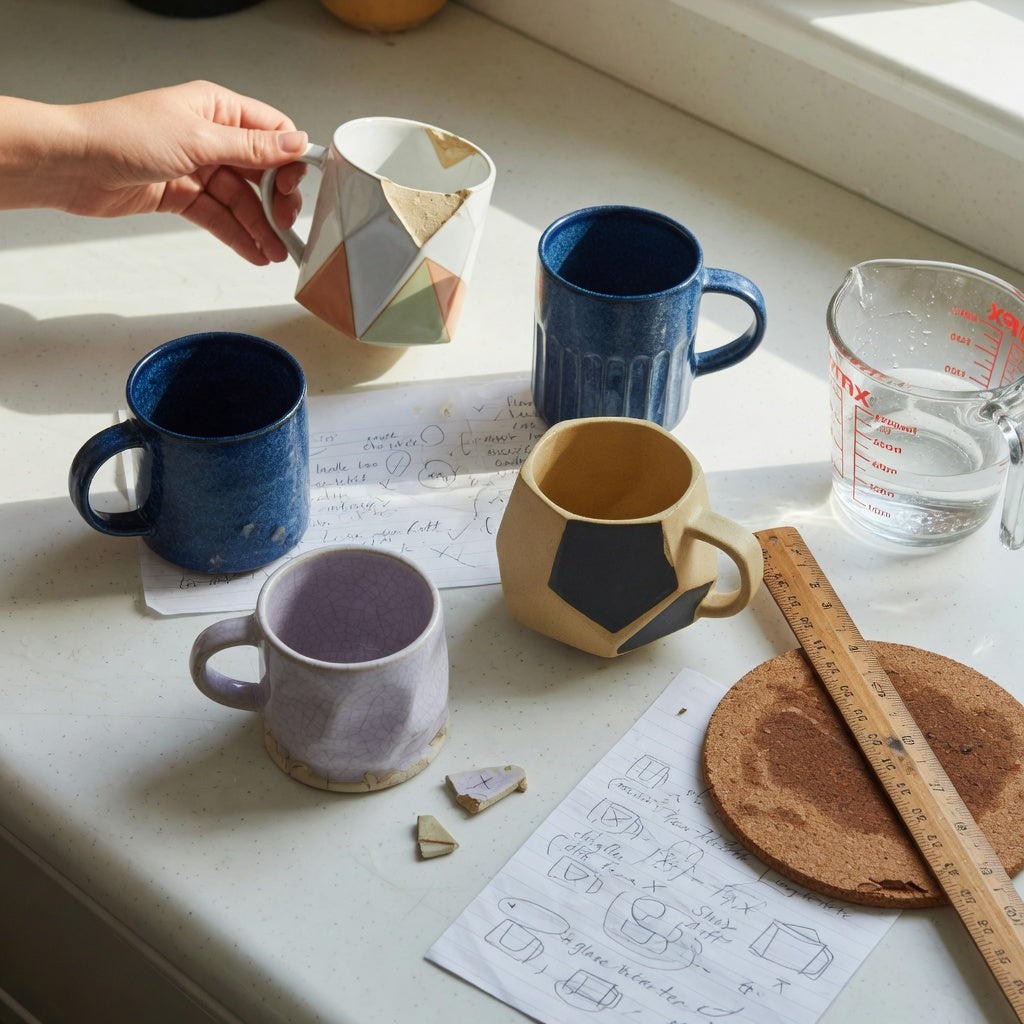 Using a geometric coffee mug replacement purchase practical purchase checklist with a chipped mug, measuring jug, ruler, and current alternatives