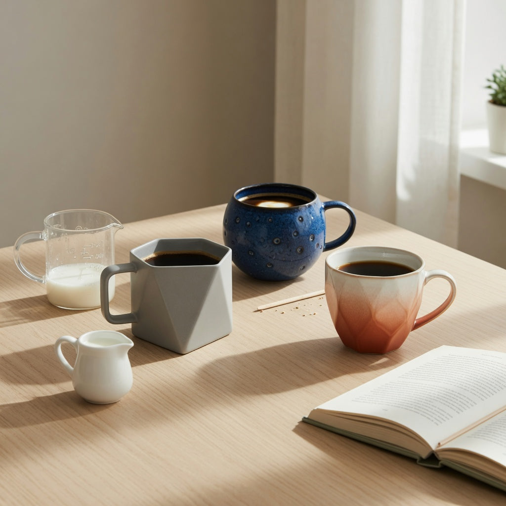 A geometric coffee mug weekend coffee product shortlist guide showing three ceramic mug shapes beside a milliliter measure on a weekend table