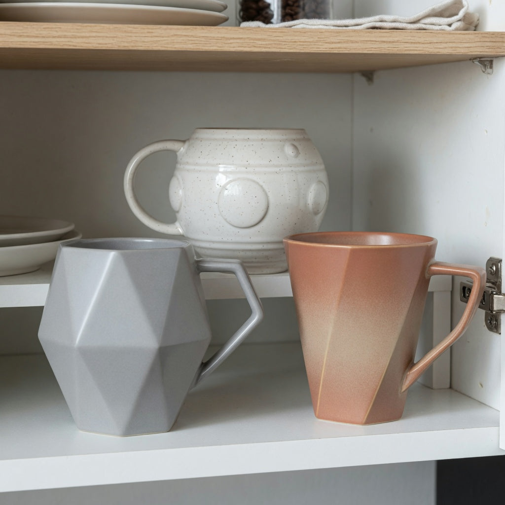 Geometric coffee mug storage fit guide comparing Rhombus, Planet, and Gradient mugs on a kitchen shelf