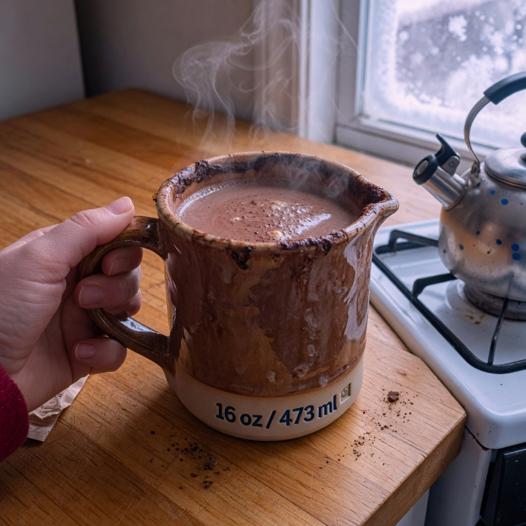 Giant ceramic hot cocoa mug filled with hot chocolate on a kitchen counter, showing the wide rim and oversized handle grip