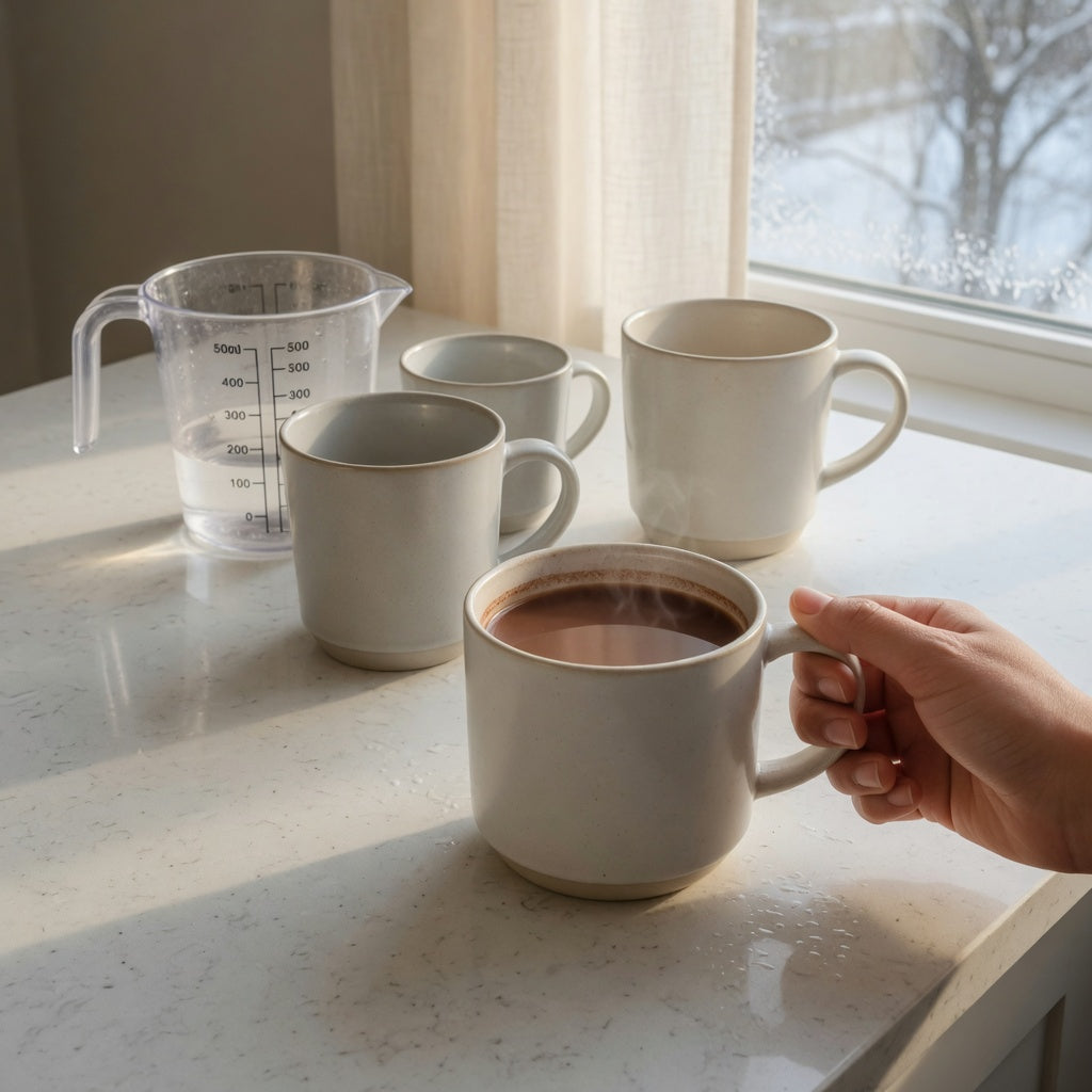 Giant hot cocoa mug grip and capacity comparison beside a metric measuring jug on a kitchen counter