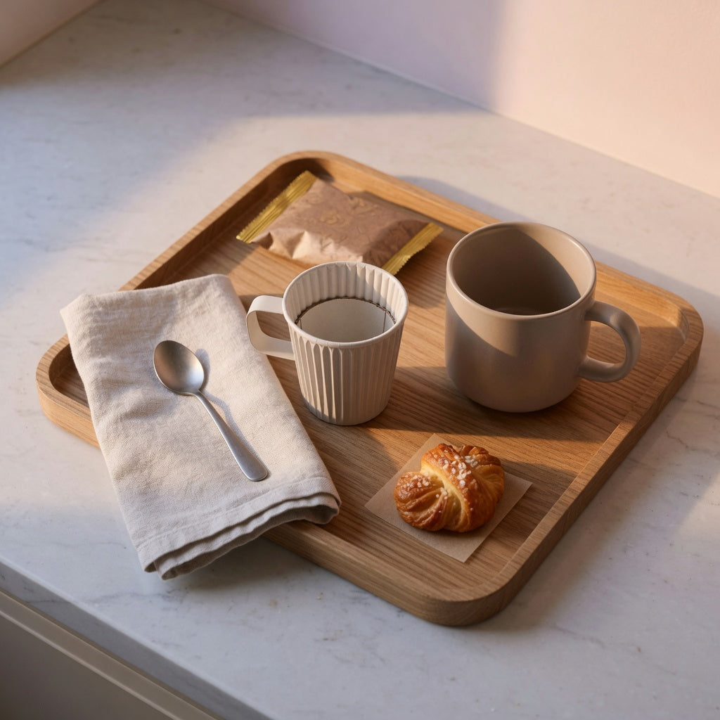 Gift coffee mug tray with round and pleated cups, a spoon, coffee packet, and pastry on a wooden serving tray