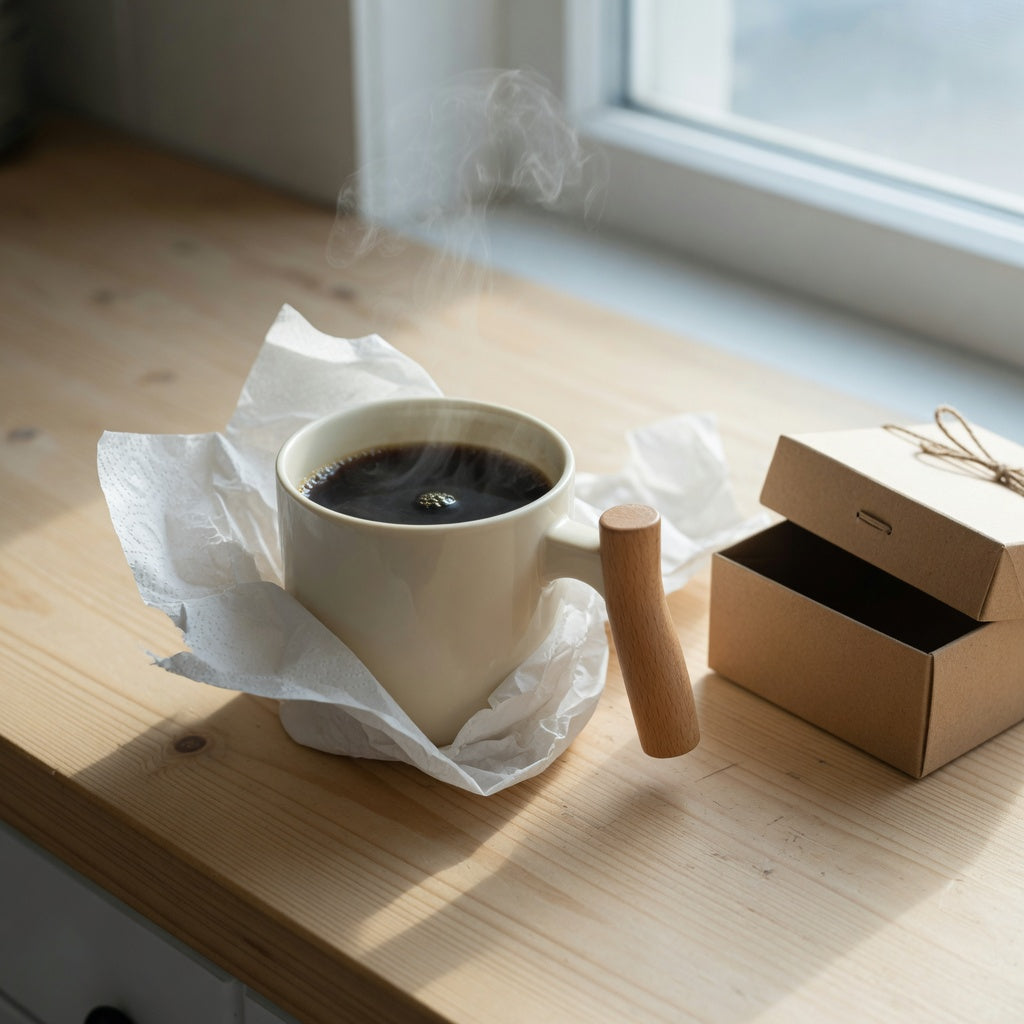 Gift coffee mug wooden handle unique style shown beside tissue paper and a small gift box on a kitchen counter