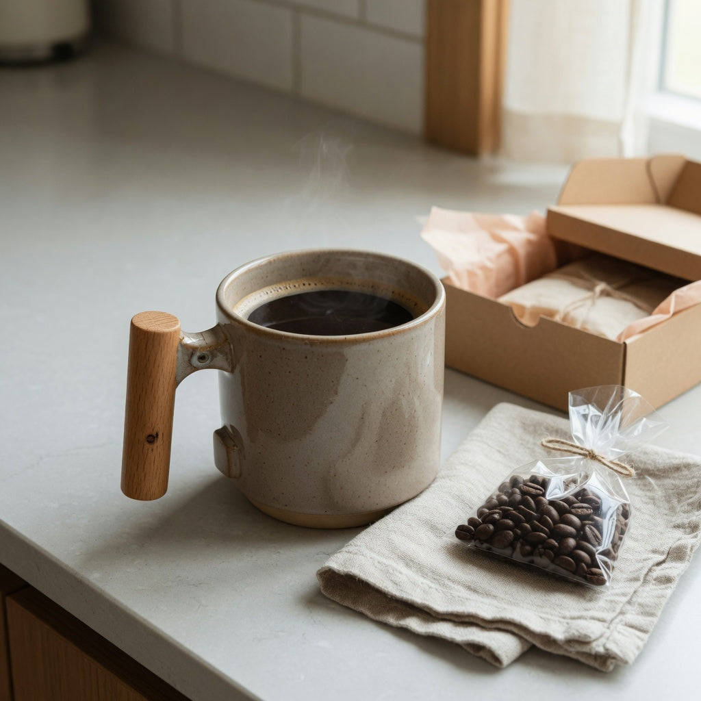 Gift coffee mug wooden handle beside a simple gift box on a kitchen counter