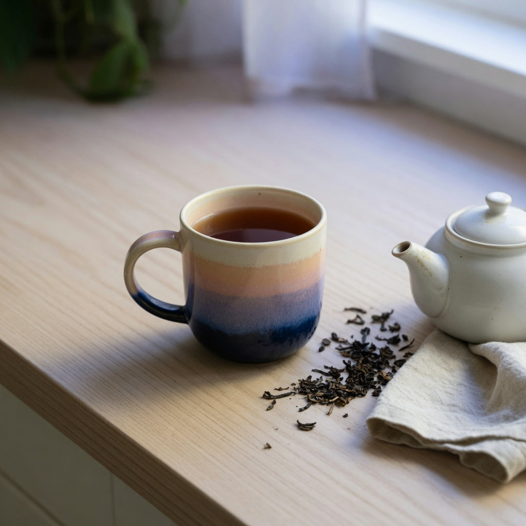 Gift gradient coffee and tea mug with a cream-to-ink ceramic ombre on a kitchen counter beside loose tea
