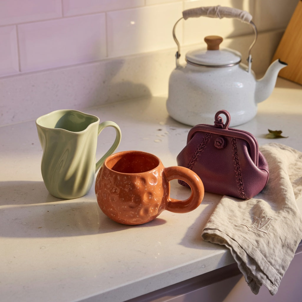 Gift ideas for sculptural ceramic mug forms lined up on a kitchen counter beside a kettle