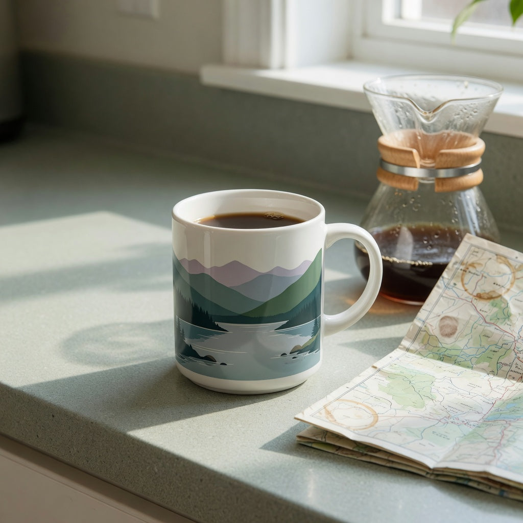 Gift ideas landscape coffee mug with a mountain lake wrap and visible handle alignment on a kitchen counter