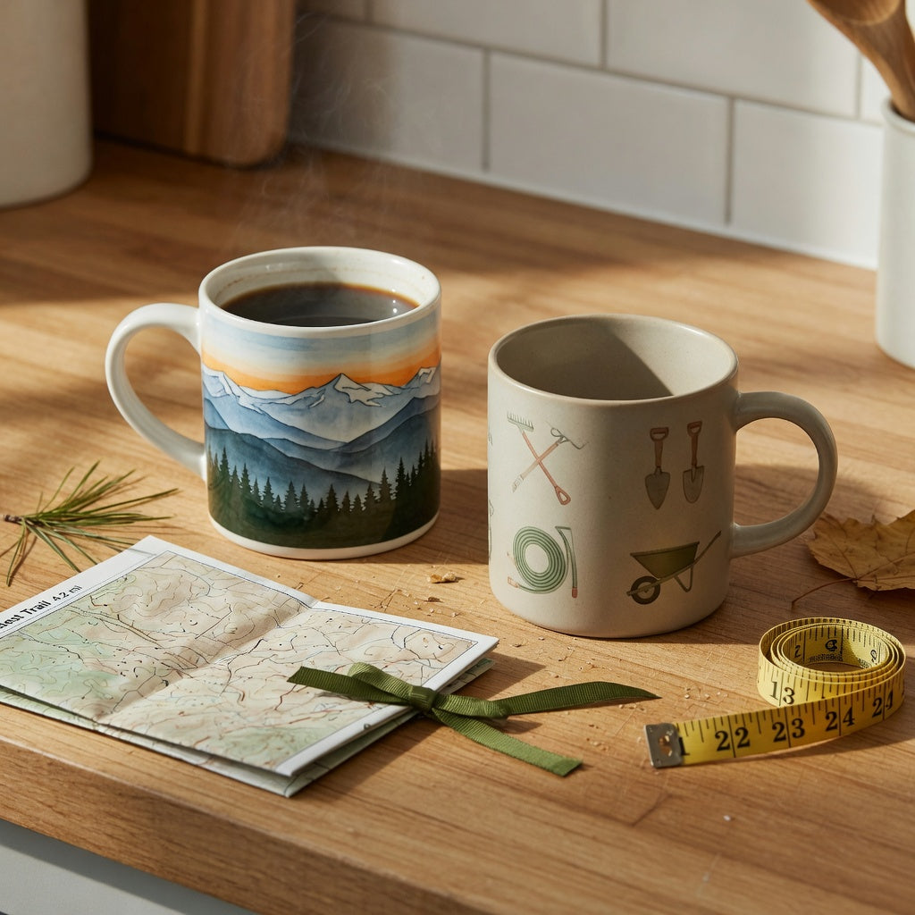 Comparison scene for gift ideas landscape coffee mug shoppers with scenic and landscaping-themed mugs on a kitchen counter