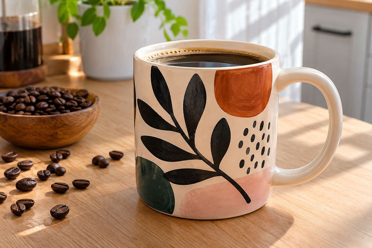 Gift ideas large unique coffee mugs with distinctive designs on kitchen counter