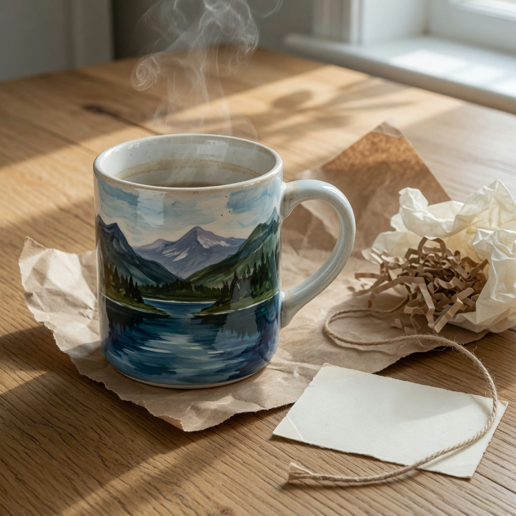 Gift landscape ceramic mug with a mountain and forest scene beside wrapping paper and a care card