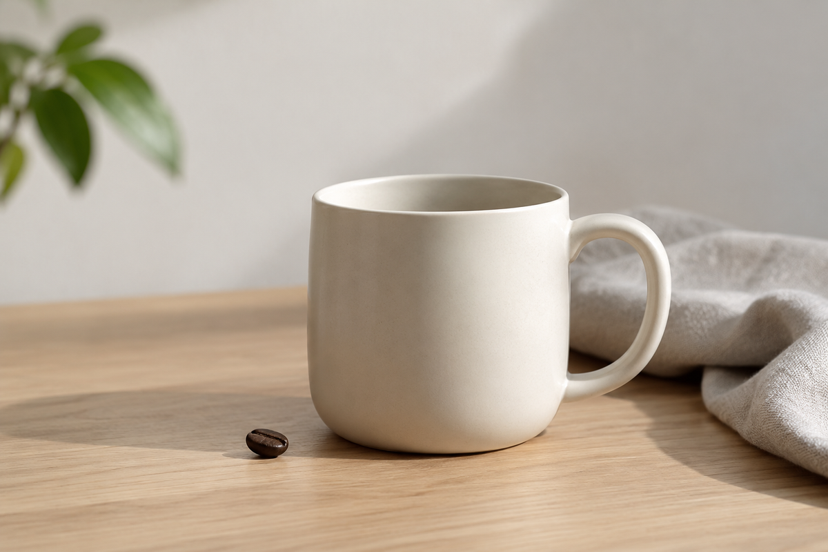 gift minimalist ceramic mug on wooden desk with coffee bean