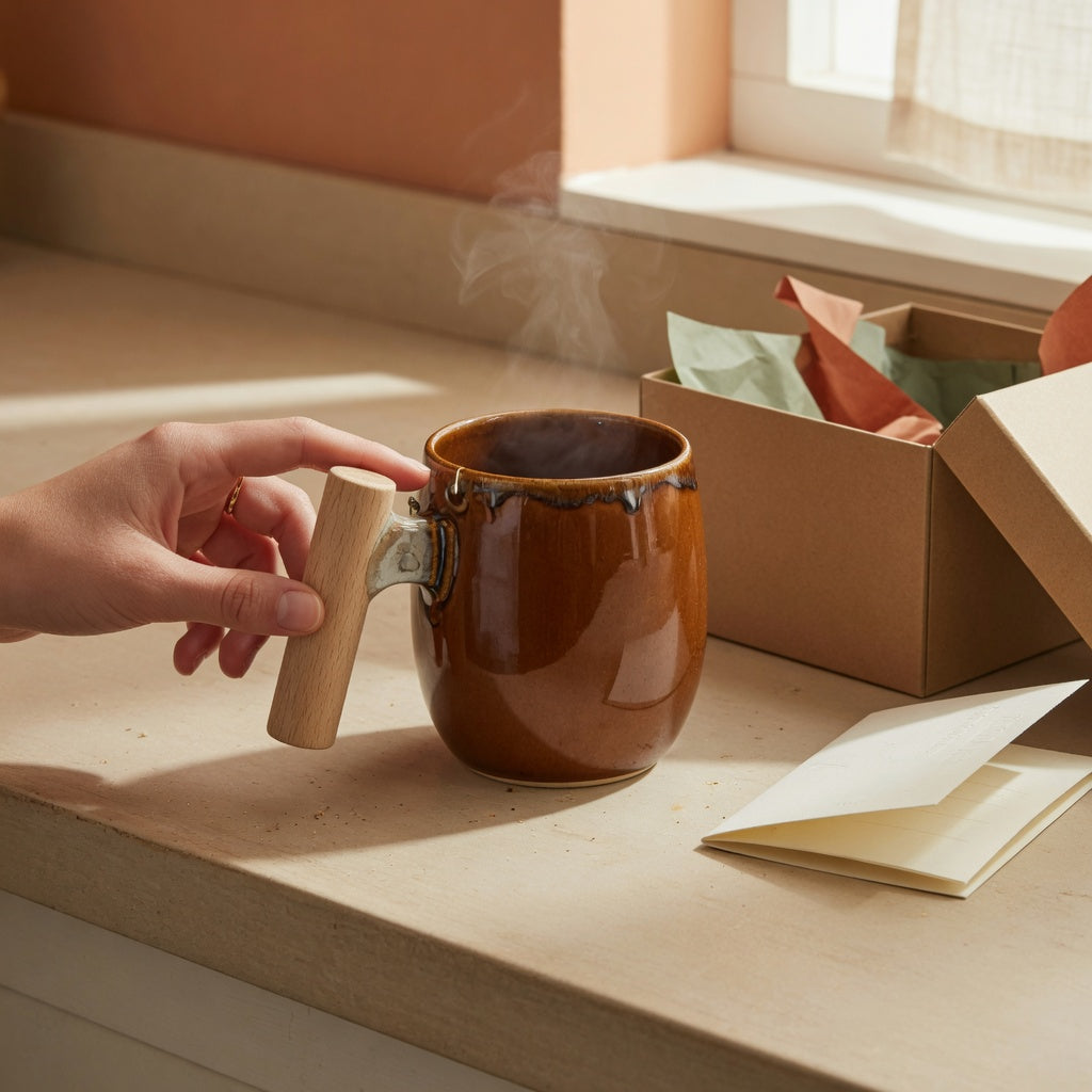 Gift mug for coffee lovers wooden handle comparison on a kitchen counter with an open gift box