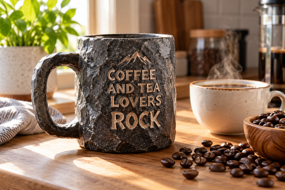 gifts for coffee and tea lovers rock mug displayed with coffee setup on kitchen counter