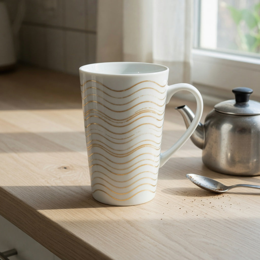 A golden waves ceramic coffee tea mug on a kitchen counter beside a kettle