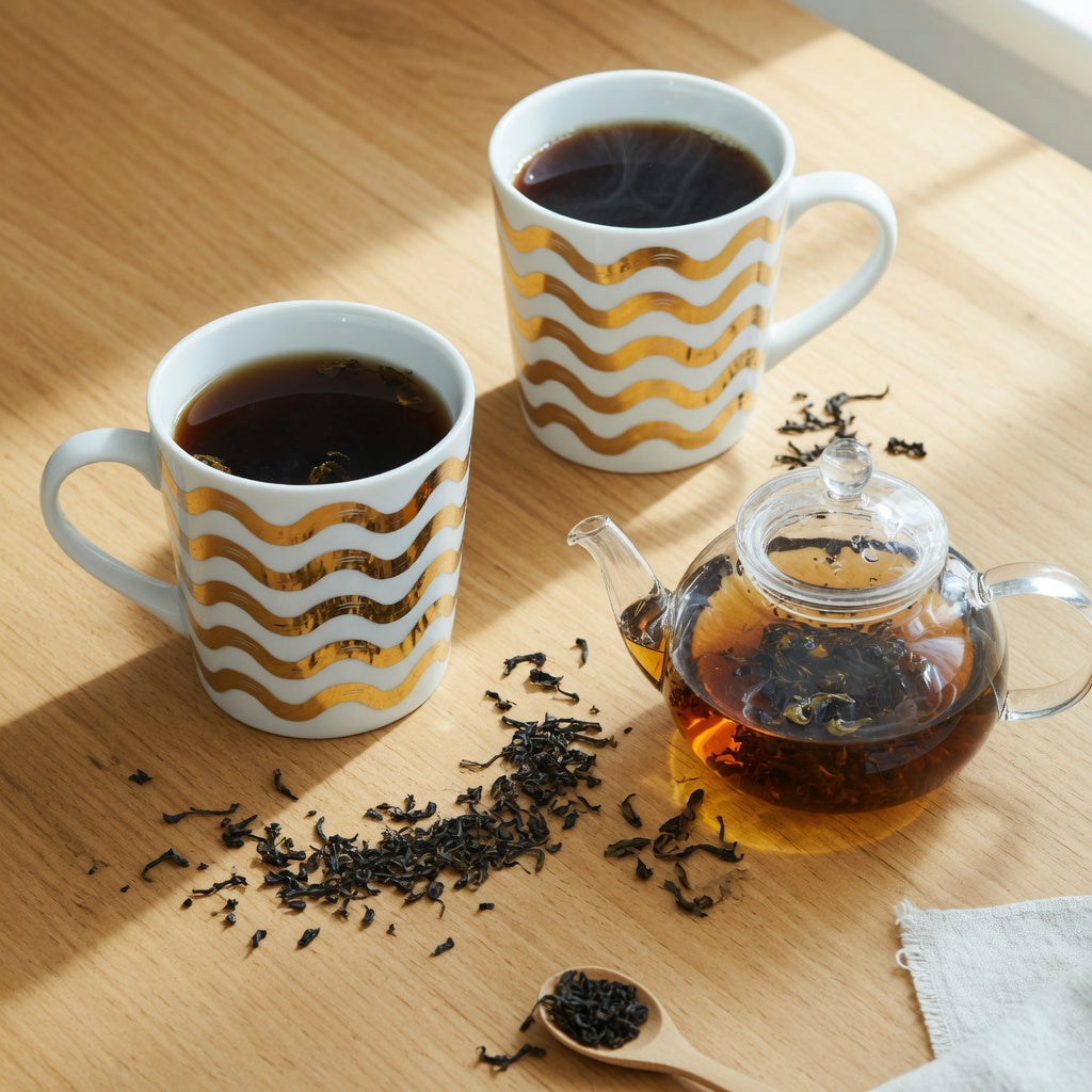 Golden waves coffee mug vs tea mug comparison: a white mug with a gold wave pattern beside a glass teapot and loose tea leaves on a kitchen counter