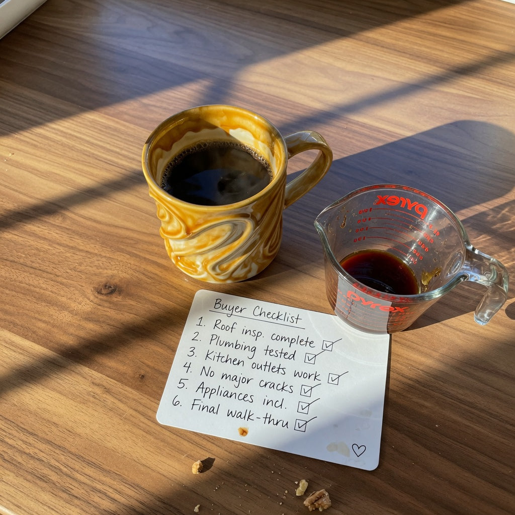 Golden waves coffee mug beside a measuring cup and handwritten buyer checklist on a sunlit kitchen counter