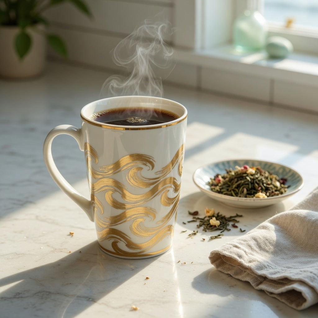 Tall white golden waves coffee tea mug filled with coffee on a sunlit kitchen counter