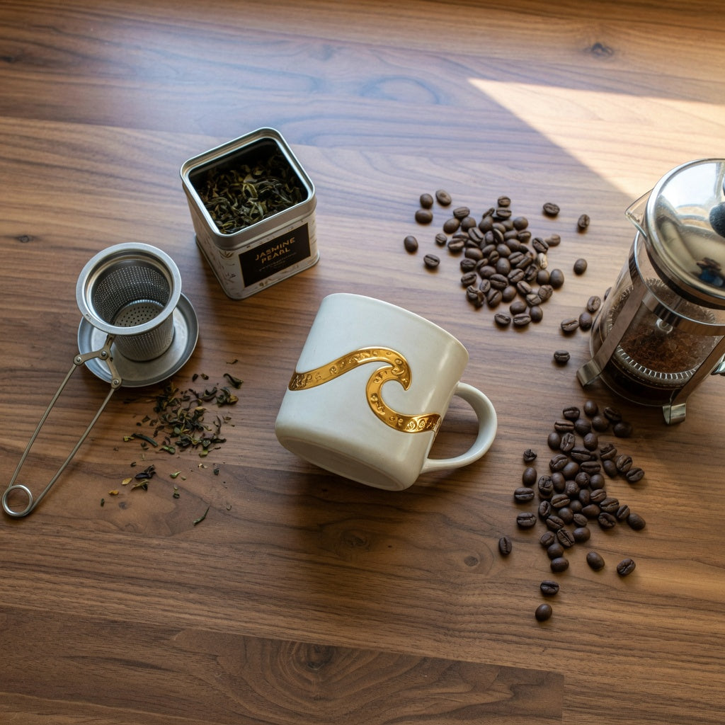 Golden waves kio coffee mug vs tea mug comparison: sculpted gold wave ceramic mug beside a mesh tea infuser and coffee beans on a kitchen counter