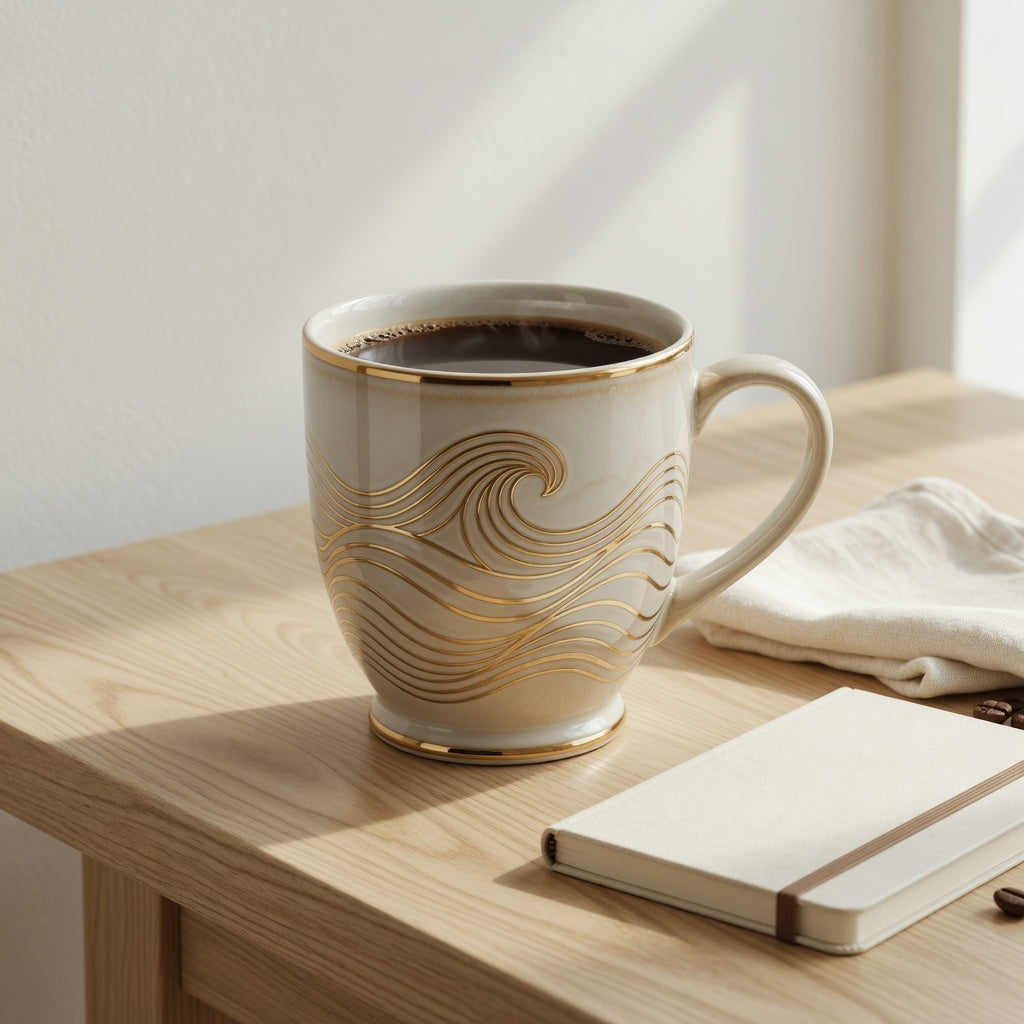 Golden waves kio mug on a light oak desk beside coffee and a folded linen napkin