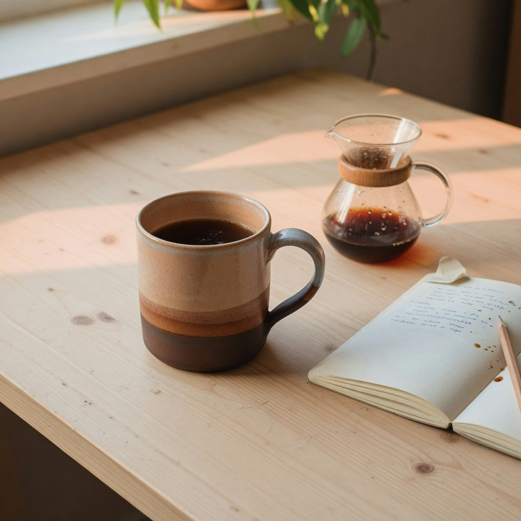 Gradient ceramic coffee mug comparison on a wood desk: ombre ceramic cup beside coffee and a notebook