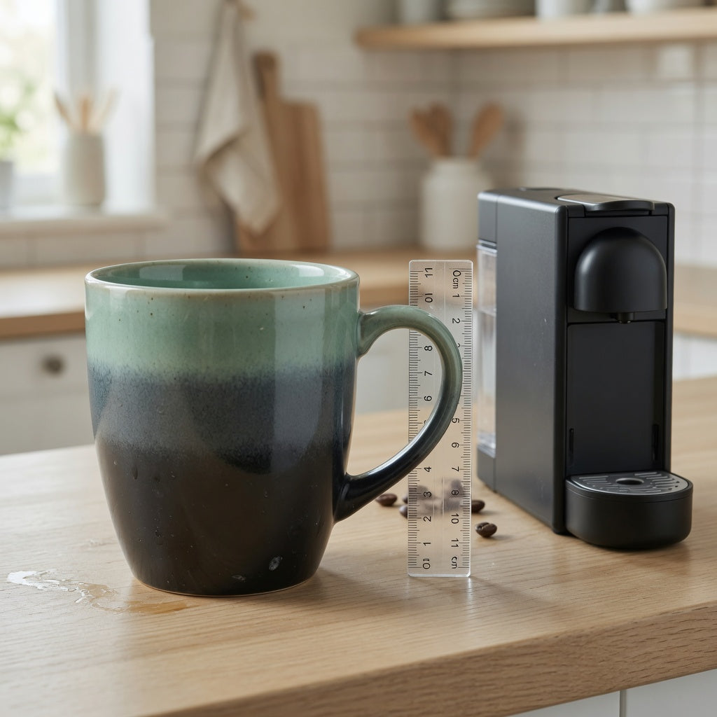 Gradient coffee mug buying guide comparison with an ombre ceramic mug beside a compact brewer and measuring ruler