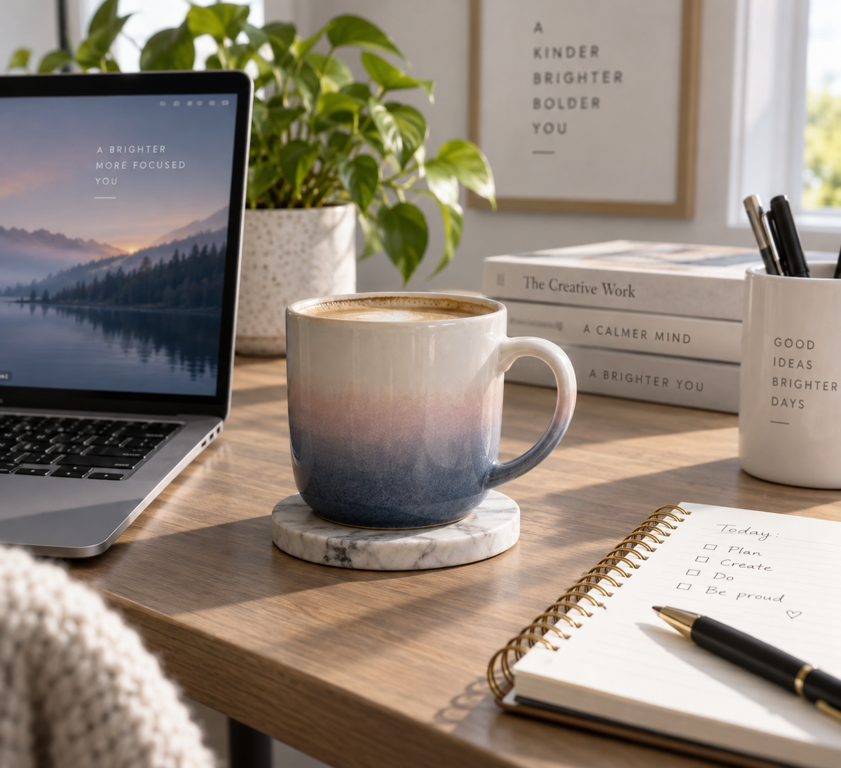 Gradient coffee mug for home office on desk with laptop