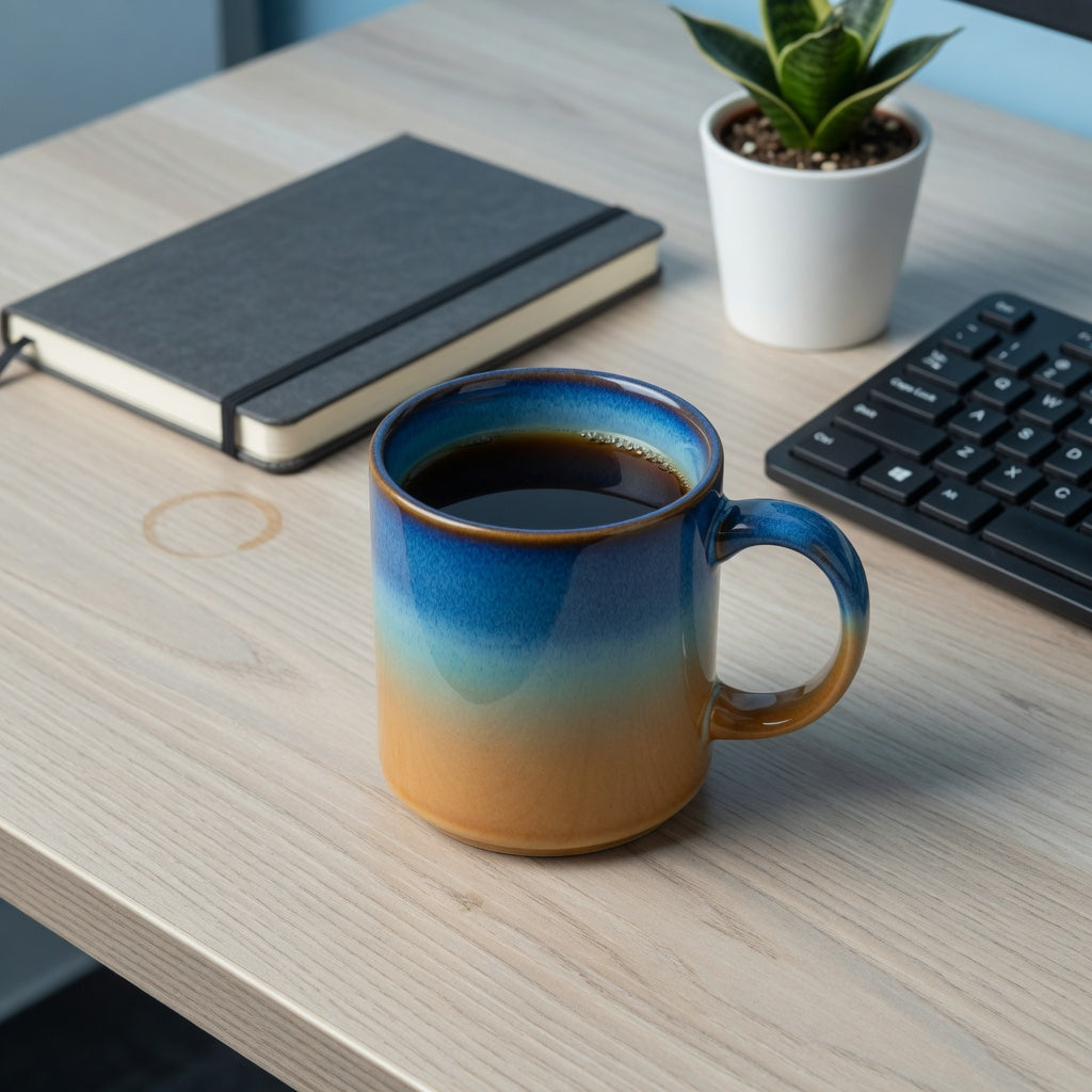 Gradient coffee mug for office desk beside a keyboard and notebook under cool office light