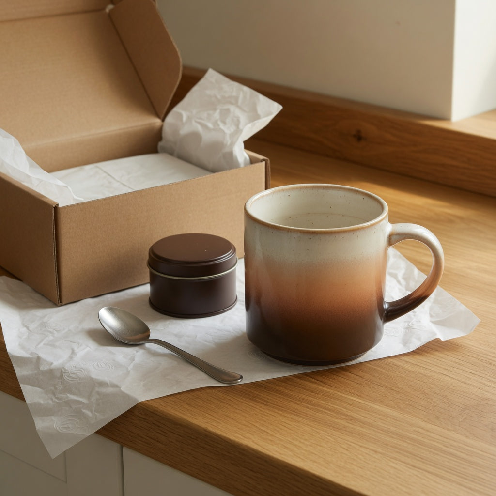 Gradient coffee mug gift beside an open gift box on a kitchen counter