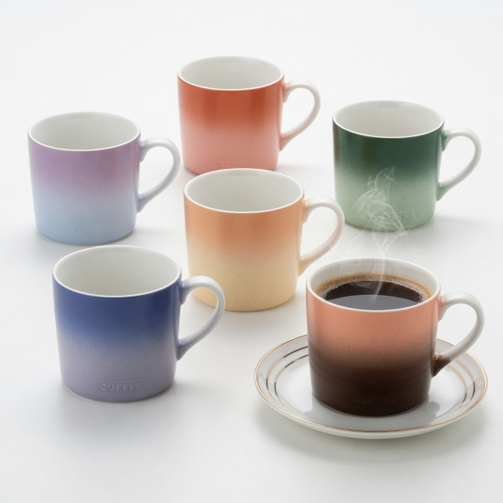 gradient coffee tea mug decision guide illustrating different size options and color variations for coffee and tea