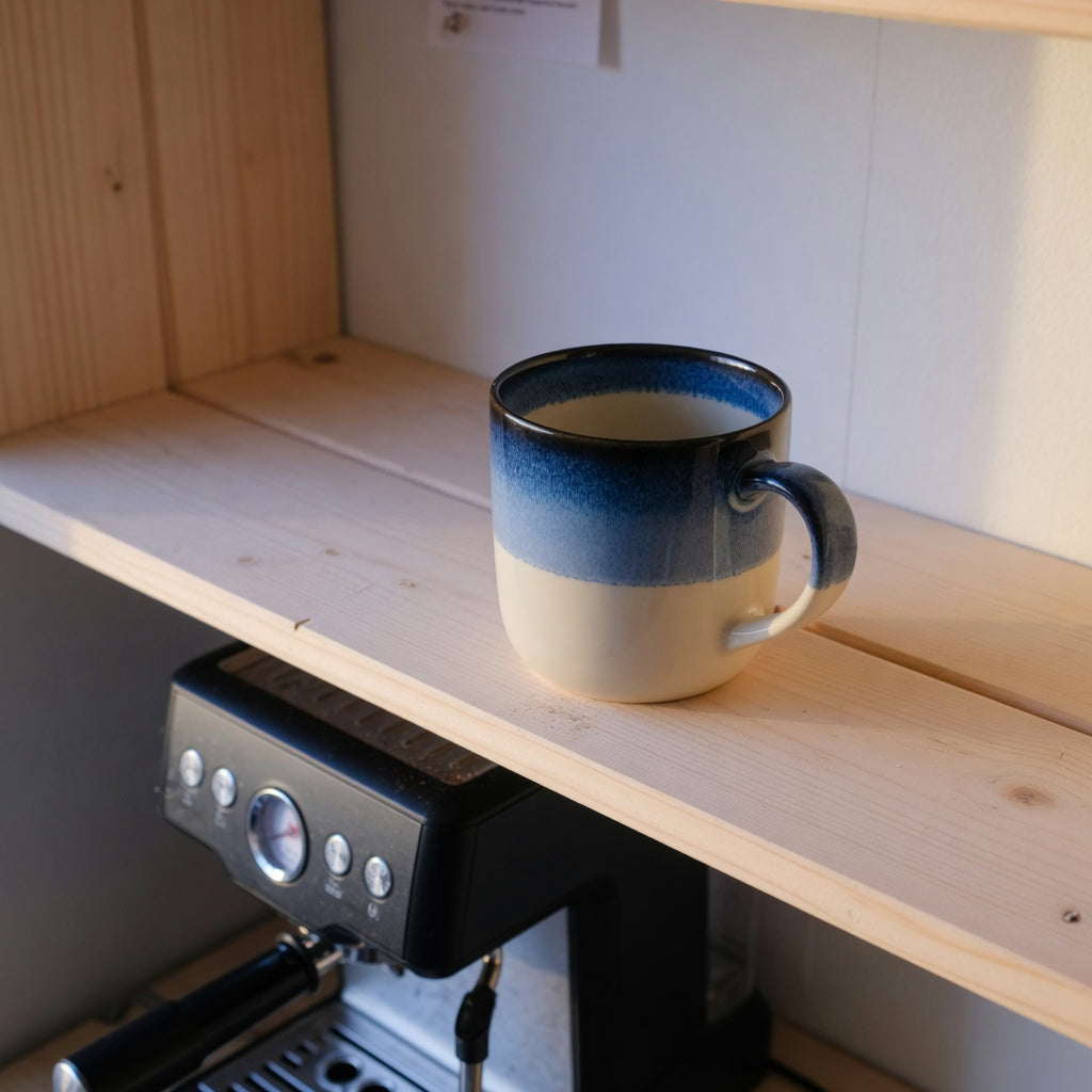 Gradient coffee tea mug for coffee lovers home decor on an open kitchen shelf