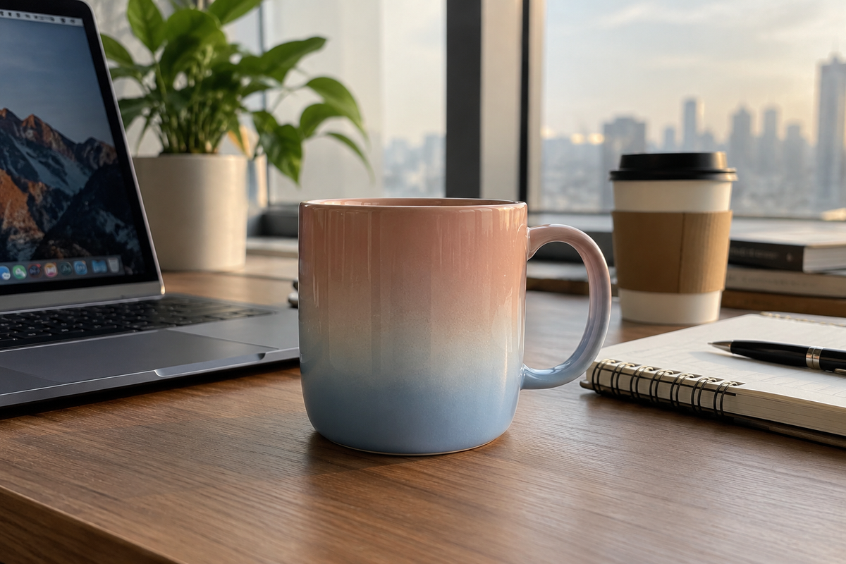 gradient mug for office use on a professional desk setup