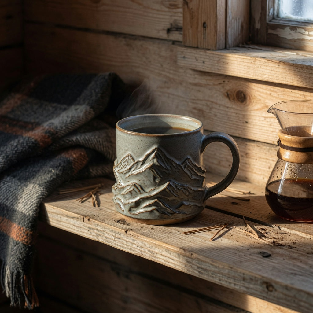 Great mountain coffee mug ceramic decor on a pine cabin shelf beside a pour-over carafe